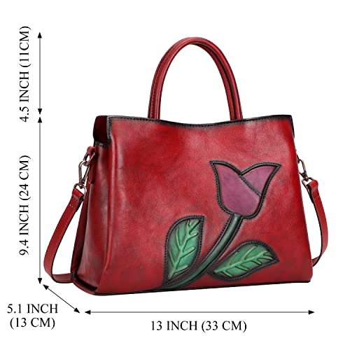 CHERISH KISS Soft Genuine Leather Satchel Bags for Women Purses and Handbags Vintage Embossed Floral Shoulder Bag(K7 Wine Red) | The Storepaperoomates Retail Market - Fast Affordable Shopping