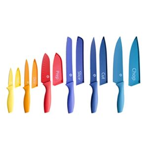 MasterChef Kitchen Knives Set with Covers incl. Paring, Boning, Carving, Bread, Santoku & Chef Knife, Sharp Cutting Stainless Steel Blades with Sheaths, 12 Piece (6 Colored Kitchen Knives & 6 Covers)