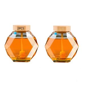 2 Pieces of Crystal Shaped Glass Honey Jar, Wooden Lid With Dipper, Glass Honey Dispenser380ml, Suitable for Storage Container in Home Kitchen(12 Ounce)