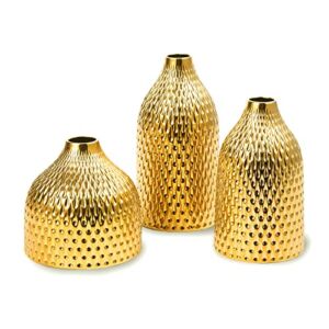 BASDHE Ceramic Vase Set – 3 Small Vases, Luxurious Home Decor, Great for Centerpieces; Ideal Shelf Décor, Table Décor, Bookshelf, Mantle, Entryway- Gold