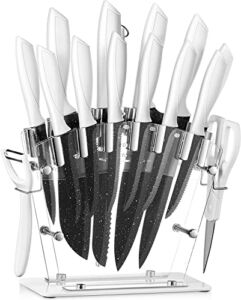 Knife Set, 16 PCS High Carbon Stainless Steel Kitchen Knife Set, Non-stick Coated Blade, No Rust, Sharp Cutlery White Knife Set with Acrylic Stand and Serrated Steak Knives