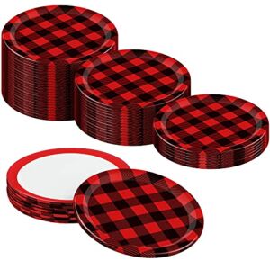 50 Pieces Christmas Decorative Canning Lids Jelly Jar Lids Regular Mouth Canning Lids Buffalo Plaid Mason Jar Lids Thick Replacement Metal Split-type Lids for Jar Canning (Black and Red)
