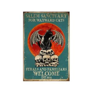Vintage Tin Sign Coffee Cats Black Cat Metal Poster Salem Sanctuary For Wayward Cats Poster Ferals And Familtars Welcome Poster Home Wall Art Decoration Retro Metal Tin Sign 8×12 inch
