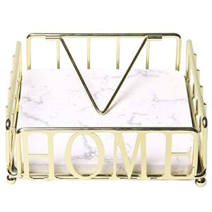 MyGift Modern Brass Metal Flat Square Napkin Holder for Table with White Marble Pattern Base and Cut Out”HOME” Letters