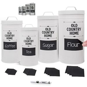 Farmhouse Canister Set for Kitchen by Saratoga Home – Coffee Tea Sugar Container Set with Labels & Marker, 4 Airtight Rustic Tin Metal Flour Sugar Canister Sets for Kitchen Counter, White