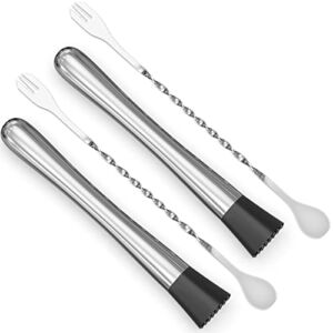 YEAJOIN 4PCS Stainless Steel Cocktail Muddler and Long Mixing Bar Spoon Set Home Kitchen Rest Bar Tools Stirrers for Drink Mint Fruit Crusher, 8 Inch