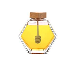 14oz Honey Jar with Honey Dipper, Honey Pot Glass Honey/Syrup Dispenser Cork Lid Cover Syrup Jam Liquid Storage Pot for Home & Kitchen,380ml