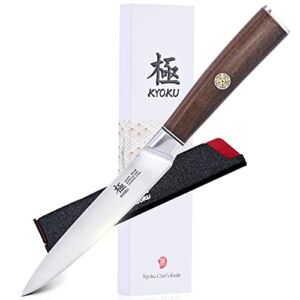 KYOKU 5 Inch Utility Knife – Daimyo Series – Multipurpose Chef Knife with Ergonomic Rosewood Handle, & Mosaic Pin – Japanese 440C Stainless Steel Kitchen Knife with Sheath & Case