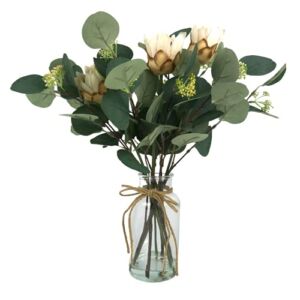 Hisow Artificial Eucalyptus Leaves in Glass Vase, 16.1″ Eucalyptus Leaves Green Branches 7 Branches Faux Greenery Stems for Home Office Farmhouse Wedding Centerpiece Décor (White)