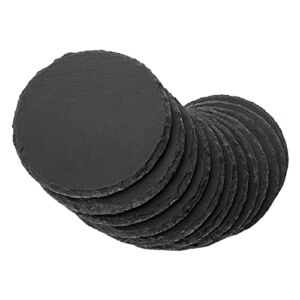 12 Pcs 4 Inch Round Slate Coasters, Drink Coasters, Handmade Rustic Stone Rock Coasters with Anti-Scratch Bottom for Cups Mugs Bar Kitchen Home Decor DIY Project, Natural Edge, Black