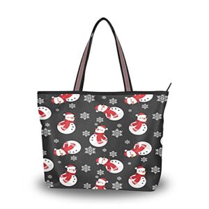 Women Xmas Tote Bag Zippered Handbag,Christmas Snowman Tote Purse with Pocket