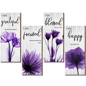4 Pieces Flower Pictures Wall Decor Living Room Hanging Pictures Wooden Art Wall Decor Wall Art Pictures Thankful Grateful Blessed Home Decoration (Purple, 4 x 10 x 0.2 Inch)