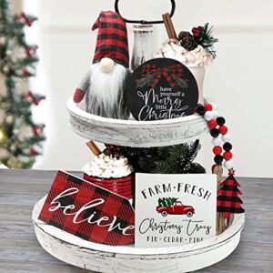 Christmas Decor – Christmas Decorations Indoor – Believe Merry Christmas Wooden Signs & Buffalo Plaid Gnomes Plush Set – Farmhouse Rustic Tiered Tray Country Decor for Home Room Table Mantle Fireplace