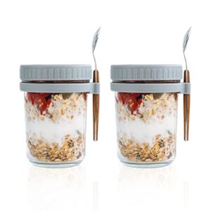 SMARCH Overnight Oats Jars with Lid and Spoon Set of 2，10 oz Large Capacity Airtight Oatmeal Container with Measurement Marks, Mason Jars with Lid for Cereal On The Go Container (grey)