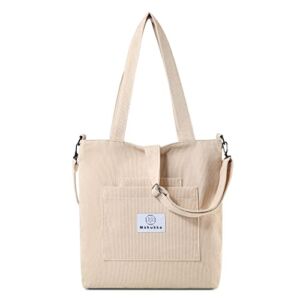 Makukke Corduroy Tote Bag with Zipper, Women’s Shoulder Purses for Office School Shopping Travel (Khaki)