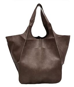 Oversized Soft Leather Shoulder Bag Foldable Hobo Bag Weekend Travel Tote (Coffee)