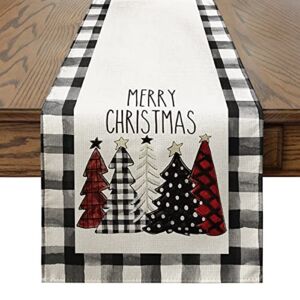 Artoid Mode Waterclor Buffalo Plaid Christmas Trees Merry Xmas Table Runner, Seasonal Winter Holiday Kitchen Dining Table Decoration for Indoor Outdoor Home Party Decor 13 x 72 Inch