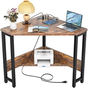 armocity Corner Desk Small Desk with Outlets Corner Table for Small Space Industrial Computer Desk with USB Ports Triangle Desk with Storage for Home Office, Workstation, Living Room, Bedroom, Rustic