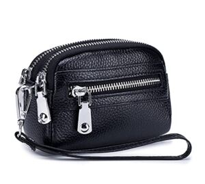 Genuine Leather Mini Genuine Leather Coin Pouch Wallet Wristlet Handbag hand strap clutch (Black)
