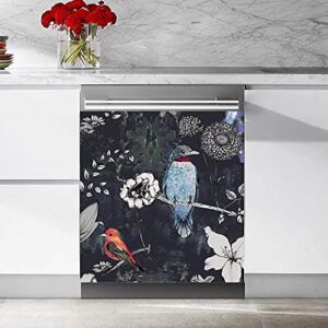 Colours Birds and Black White Flowers Dishwasher Cover Sticker Kitchen Decorative,Refrigerator Door Decals Sheet,Home Cabinet Decor Panel Decal 23 W x 26 H inches