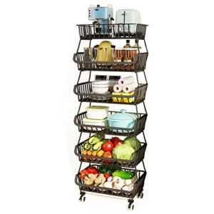 Wisdom Star 6 Tier Fruit Vegetable Basket for Kitchen, Fruit Vegetable Storage Cart, Vegetable Basket Bins for Onions and Potatoes, Wire Storage Basket Organizer Utility Cart with Wheels, Black