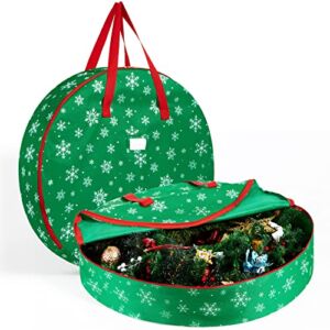 Joiedomi 30″ Christmas Wreath Storage Bag (Green), Snowflake Patterned Garland Container with Sturdy Handles, Oxford Material, Card Slot and Dual Zipper for Xmas Holiday