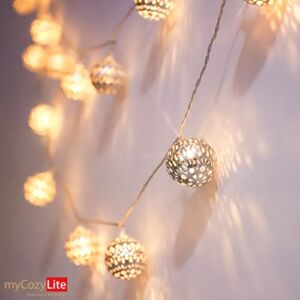 Moroccan String Lights Plug in 20 LED Globe Lights Silver Metal Balls for Wedding Party, Birthday, Christmas, Home Decor, Indoor Outdoor, 8 Functions, Timer, Unique Pattern, Connectable, 10 ft