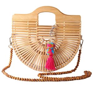 GLVOOI Bamboo Purse Straw Bag Basket Purse Beach Purse Bamboo Handbag Straw Beach Bag Straw Purses for Women Large Tote Bag