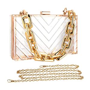 Acrylic Women Clear Purse, Evening Clutch Handbag with Removable Gold Chain, Transparent Crossbody Shoulder Stadium Purse for Gameday, Bridal, Bachelorette Party, Prom & Concert (V Shape)