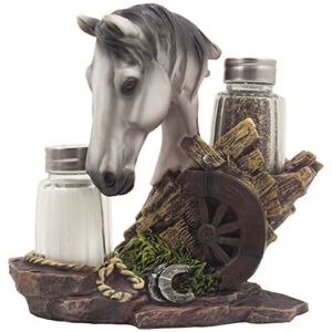 Home ‘n Gifts White Horse Glass Salt and Pepper Shaker Set with Stallion Bust Figurine, Horseshoes & Wagon Wheel As Country Western Kitchen Decor