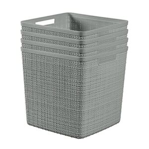 Curver Set of 4 Jute Cube Decorative Plastic Organization and Storage Basket Perfect Bins for Home Office, Closet Shelves, Kitchen Pantry and All Bedroom Essentials, 17L / 18QT, Grey, 4 Count
