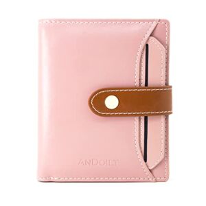 ANDOILT Wallets for Women Genuine Leather Small Bifold Wallet RFID Blocking Card Case Purse with ID Window Coin Pocket Pink