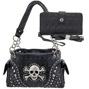 R2N fashions Rhinestone Skull Western Concealed Carry Handbag and wallet set (Black embossed)
