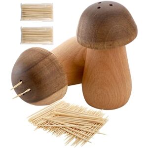 Okllen 2 Pack Toothpick Holder with Toothpicks, Acacia Wood Toothpick Dispenser Mushroom Shaped, Beech Wooden Toothpicks Container Case Cute Toothpick Organizer for Home, Kitchen, Restaurant