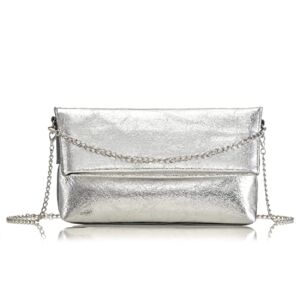 WOO Foldover Evening Clutch Bag Soft Metallic PU Shoulder Crossbody Tote Bag for Different Parties Mini Pouch, Silver