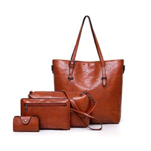Women Vintage Handbag and Purse Leather Tote Shoulder Bag Large Satchel Top Handle Work Bag Set 4pcs