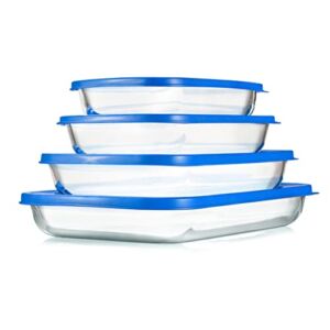 NutriChef 4 Sets Glass Bakeware – High Borosilicate Rectangular Glass Baking Dish w/ Blue BPA-Free PE Lids, Freezer-to-Oven Home Kitchen Bake Casserole Food Storage Stackable Tray Pan, Dishwasher Safe