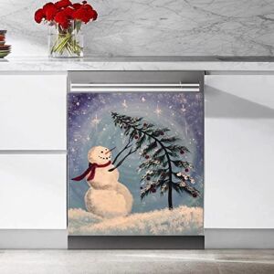 Tup Snowman and Christmas Tree Beautiful Wallpaper Dishwasher Magnetic Sticker,Winter Kitchen Decor Sticker Snow Panel Decal,Home Country Kitchen Decortive 23 W X 26 H Inches