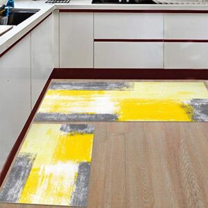 Kitchen Rugs and Mats Non-Slip Cushioned Anti-Fatigue Kitchen Rug with Runner Set of 2, Yellow Gray Modern Abstract Art Painting Graffiti Design Kitchen Mats for Floor 15.7×23.6inch+15.7×47.2inch