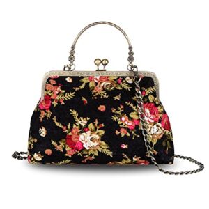 Abuyall Floral Top Handle Handbag Chain Strap Women Kiss Lock Canvas Frame Shoulder Bag Black