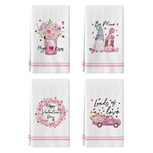 Artoid Mode Watercolor Stripes Hugs Heart Kisses Loads of Love Gnomes Truck Valentine’s Day Kitchen Towels, 18 x 26 Inch Ultra Absorbent Drying Cloth Dish Towels for Cooking Baking Set of 4