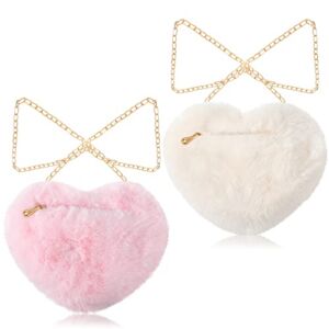 Saintrygo 2 Pcs Heart Purse for Women Girls Heart Fluffy Purses Fur Shoulder Bag Crossbody Purses with Gold Chain (White and Pink)