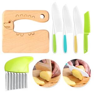 6 Pieces Kids Knife Set Include Wooden Toddler Knive Kids Safe Knifes for Real Cooking Kids Knifes Plastic Serrated Edges Children Knife Potato Slicers Cooking Knives for Kitchen (Crocodile)