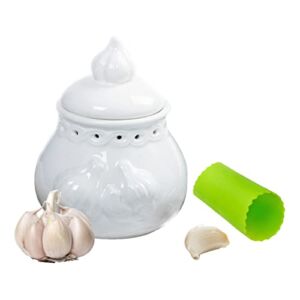 Garlic Keeper with Peeler Tube Roller – Garlic Bulb Embossed Ceramic Storage Container with Food Grade Silicone Garlic Peeler by B53 – Keeps Garlic Cool and Dry and Hands Odor Free