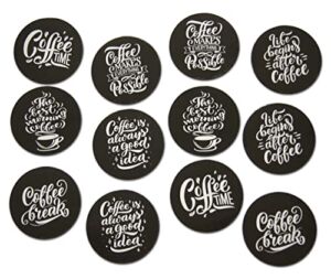 Novel Merk Coffee Refrigerator Magnets – Vinyl 2” Round Magnets for Fridge, Lockers, Home Kitchen, Coffeehouse Decor, Party Favors, & Prizes – Adheres to Metal Surfaces (12 Pack), Black & White