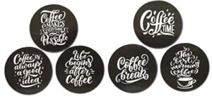 Novel Merk Coffee Refrigerator Magnets – Vinyl 2” Round Magnets for Fridge, Lockers, Home Kitchen, Coffeehouse Decor, Party Favors, & Prizes – Adheres to Metal Surfaces (6 Pack), Black & White