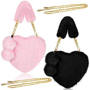 Saintrygo 2 Pieces Valentine’s Day Heart Shaped Purse Faux Fur Shoulder Bag Soft Fluffy Handbags for Women Girls Valentines Day Cute Present with Chain