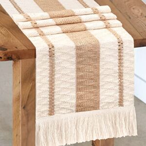 Senneny Macrame Table Runner, Cream Beige Boho Table Runner, Hand Woven Cotton and Burlap Splicing Table Runner, Rustic Farmhouse Runner for Bohemian, Fall, Kitchen Dining Table (12″ × 48″, Style 3)