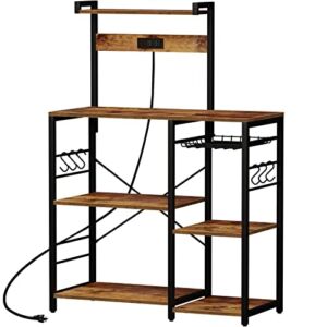 SUPERJARE Bakers Rack with Power Outlet, Microwave Stand, Coffee Bar with Wire Basket, Kitchen Storage Rack with 6 S-Hooks, Kitchen Shelves for Spices, Pots and Pans – Rustic Brown