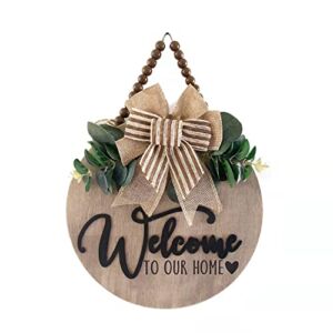 Condorpasea 3D Welcome Sign for Front Door | Home/Farmhouse Porch Décor Wooden Hanging Sign with Artificial Leaves and Rustic Beads | Christmas Classroom |12″ Round